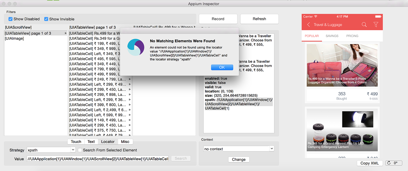 XPATH Not Able To Find Elements In Appium Inspector For Ios App ios 8 4 Appium 1 4 8 