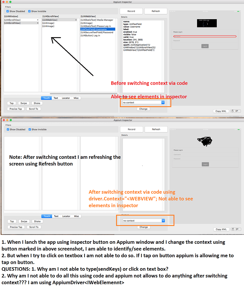 Not able to identify element in WEBVIEW in iOS hyprid app(build in ...