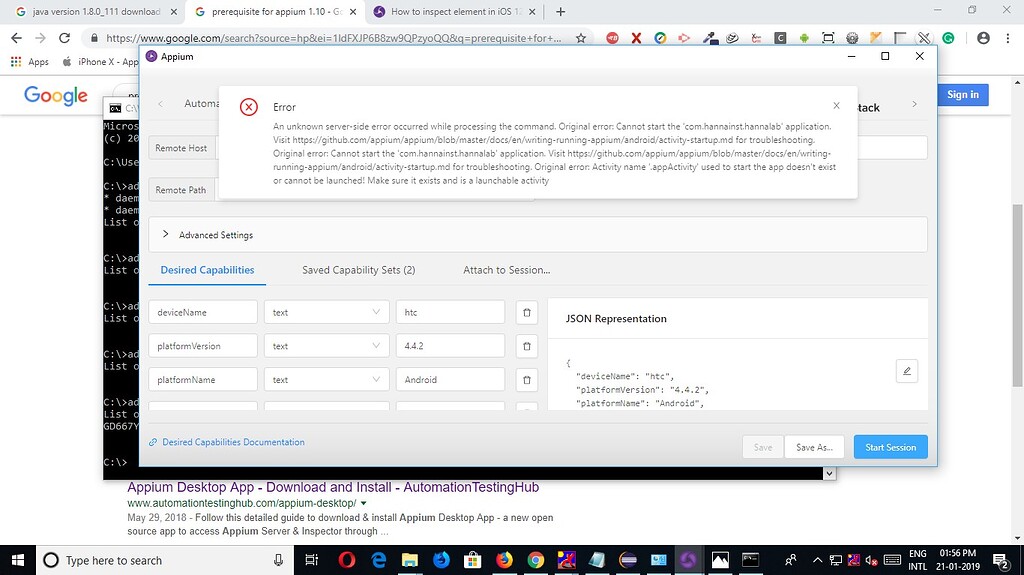 Getting error while using appium inspector in windows 10 and Appium 1. ...