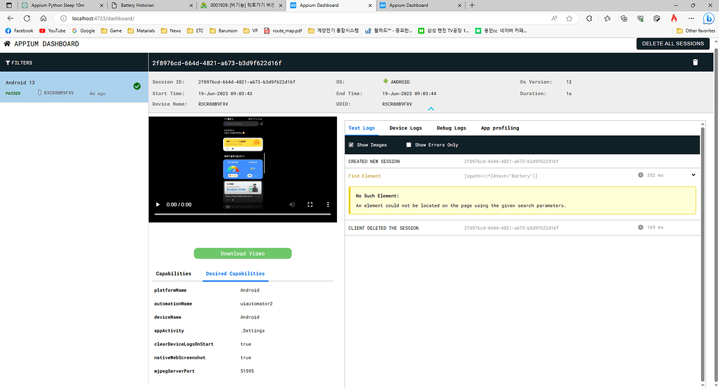 Appium Inspector showing the app element hierarchy tree alongside a live device screenshot with interaction controls for selecting and interacting with UI elements across Android and iOS