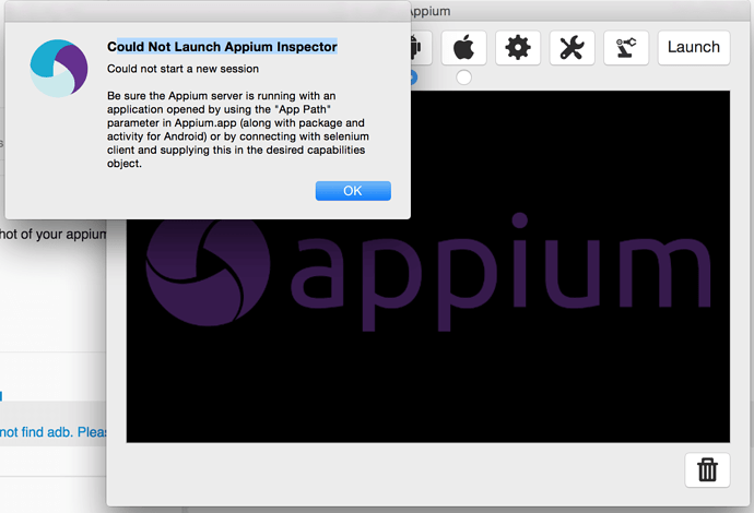 Error Failed to start an Appium session, err was: Error: Could not find ...